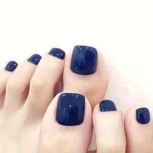 24 Fake Nails Dark Blue Press On Toenails Short Style Kit Glossy Vacation Glam